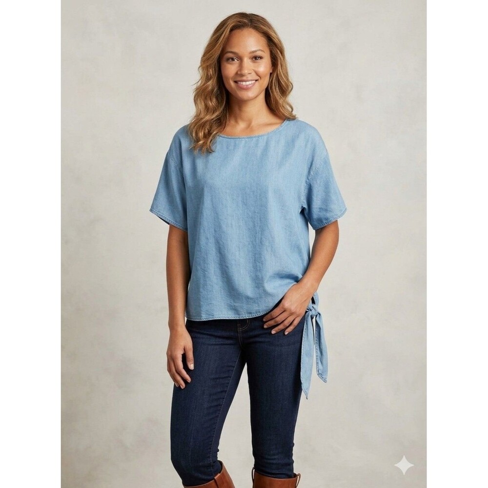 Michael Kors Blouse Women Plus OX Light Blue Scoop Neck Side Tie Hem Casual Wear
